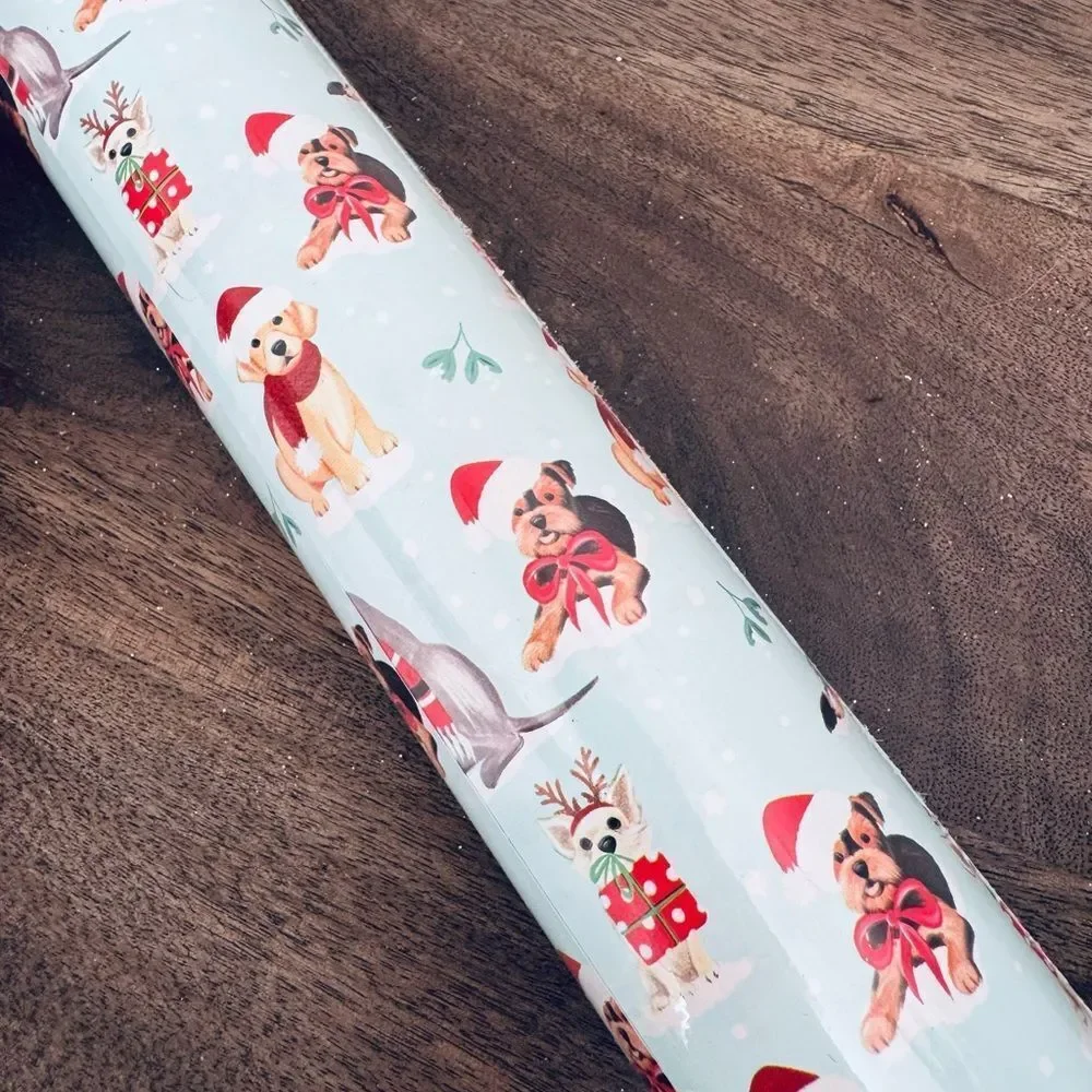Christmas Holiday Dog Print Blue Gift Wrap Wrapping Paper Roll